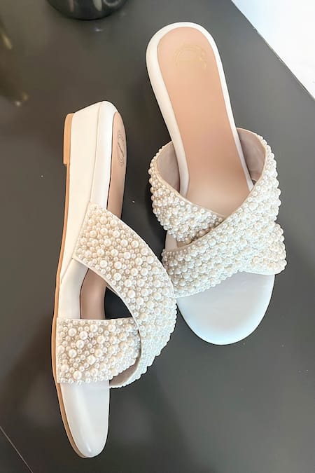 Modanta Footwear_White Pearls Work Cross Strap Wedges _Online_at_Aza_Fashions