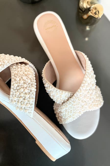 Buy_Modanta Footwear_White Pearls Work Cross Strap Wedges _Online_at_Aza_Fashions