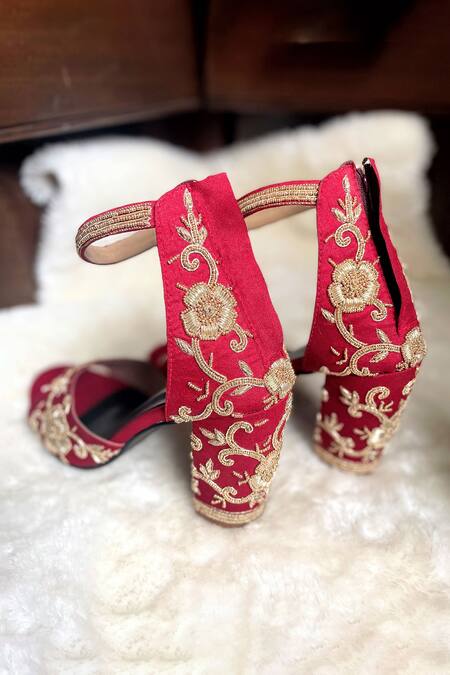 Modanta Footwear_Red Zari Fleur Zardosi Embroidered Bridal Heels _Online_at_Aza_Fashions