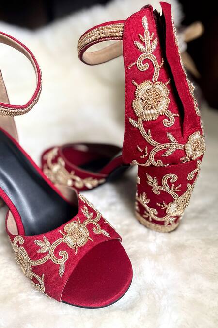 Buy_Modanta Footwear_Red Zari Fleur Zardosi Embroidered Bridal Heels _Online_at_Aza_Fashions