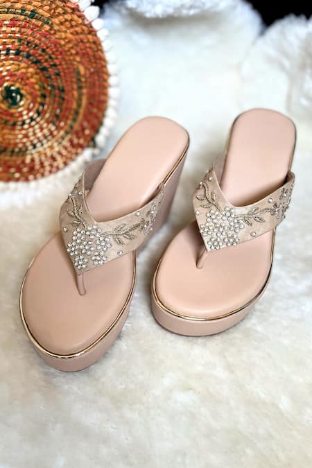 Modanta Footwear Zardosi & Pearl Embroidered V Strap Wedges 