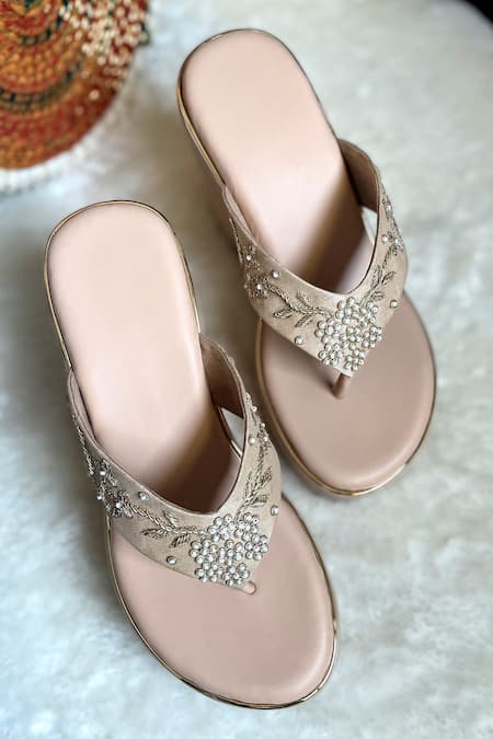 Modanta Footwear Zardosi & Pearl Embroidered V Strap Wedges 