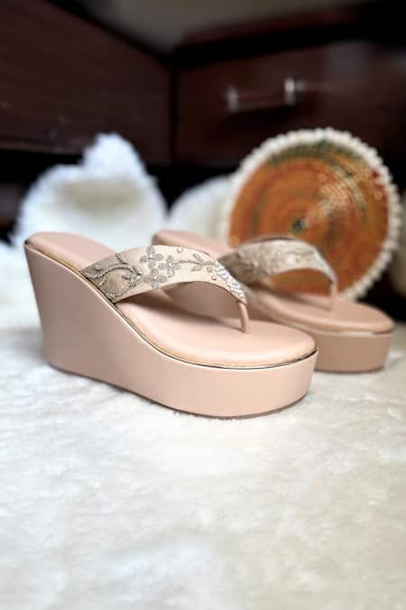 Modanta Footwear_Beige Zari, Pearls Zardosi And Embroidered V Strap Wedges _Online_at_Aza_Fashions