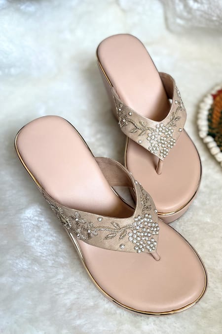 Buy_Modanta Footwear_Beige Zari, Pearls Zardosi And Embroidered V Strap Wedges _Online_at_Aza_Fashions