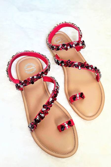 Modanta Footwear Red Crystal Embellished Strappy Toe Ring Flats 