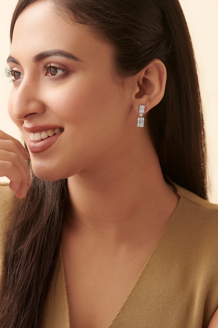 Shop Fiona Diamonds White Diamonds, Stones 14kt Gold Emerald Shaped Lab Earrings at Aza Fashions Shop_Fiona Diamonds_White Diamonds, Stones 14kt Gold Emerald Shaped Lab Earrings_at_Aza_Fashions