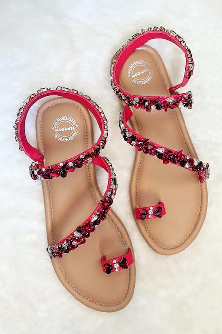 Modanta Footwear Crystal Embellished Strappy Toe Ring Flats 