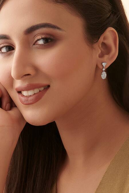 Shop Fiona Diamonds White Imitation Diamonds 14kt Gold Drop Lab Earrings at Aza Fashions Shop_Fiona Diamonds_White Imitation Diamonds 14kt Gold Drop Lab Earrings_at_Aza_Fashions