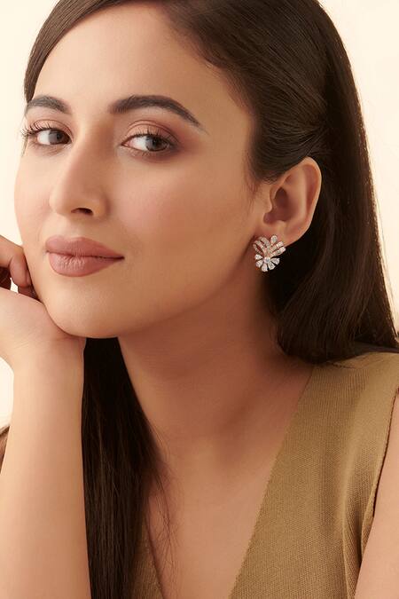 Shop Fiona Diamonds Rose Gold Diamonds, Crystals 14kt Baguette Lab Earrings at Aza Fashions Shop_Fiona Diamonds_Rose Gold Diamonds, Crystals 14kt Baguette Lab Earrings_at_Aza_Fashions