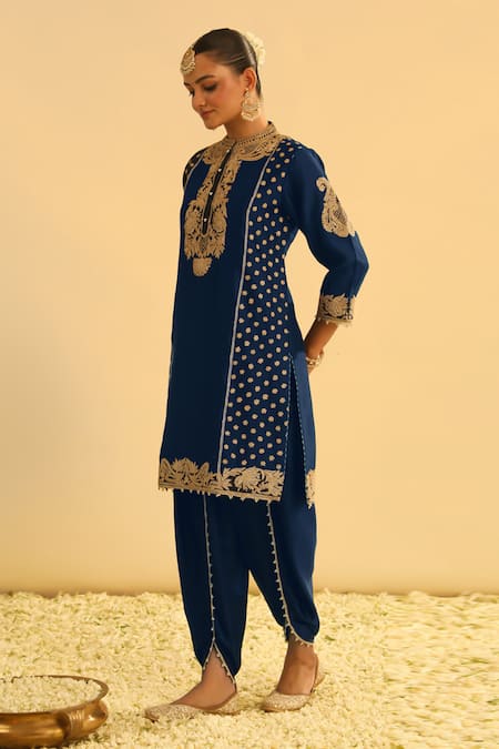 Sheetal Batra_Blue Silk, Chanderi, Aabish Kashmiri Tilla Embroidered Kurta And Dhoti Pant Set _Online_at_Aza_Fashions