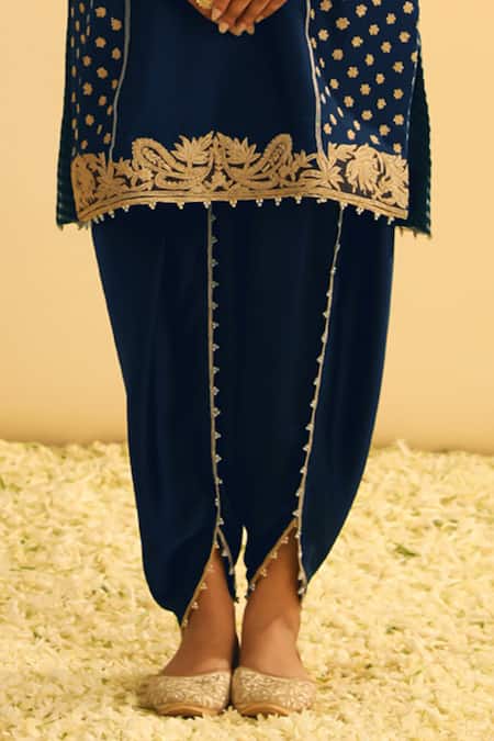 Buy_Sheetal Batra_Blue Silk, Chanderi, Aabish Kashmiri Tilla Embroidered Kurta And Dhoti Pant Set _Online_at_Aza_Fashions