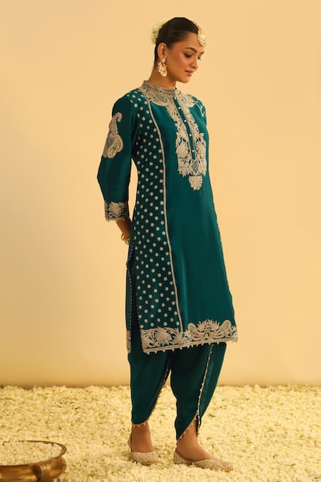 Sheetal Batra Emerald Green Silk, Chanderi, Aabish Floral Embroidered Kurta And Dhoti Pant Set Online at Aza Fashions Sheetal Batra_Emerald Green Silk, Chanderi, Aabish Floral Embroidered Kurta And Dhoti Pant Set _Online_at_Aza_Fashions