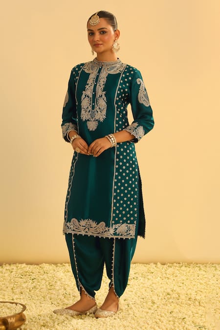 Buy Sheetal Batra Emerald Green Silk, Chanderi, Aabish Floral Embroidered Kurta And Dhoti Pant Set Online at Aza Fashions Buy_Sheetal Batra_Emerald Green Silk, Chanderi, Aabish Floral Embroidered Kurta And Dhoti Pant Set _Online_at_Aza_Fashions
