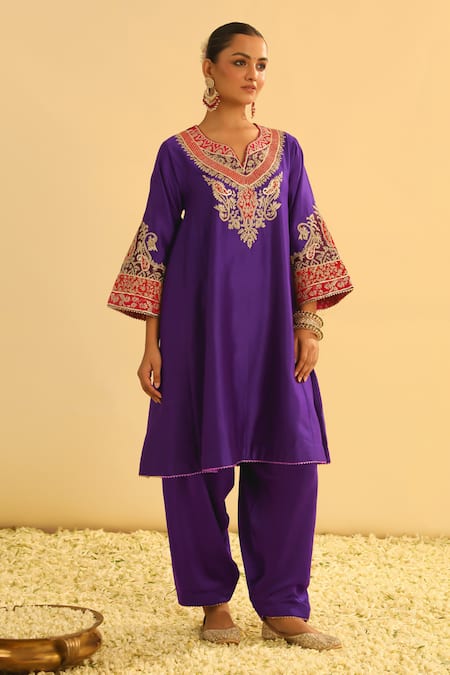 Shop_Sheetal Batra_Purple Silk, Chanderi, Bamboo, Mehrish Kashmiri Tilla Kalidar Kurta And Pant Set _Online_at_Aza_Fashions