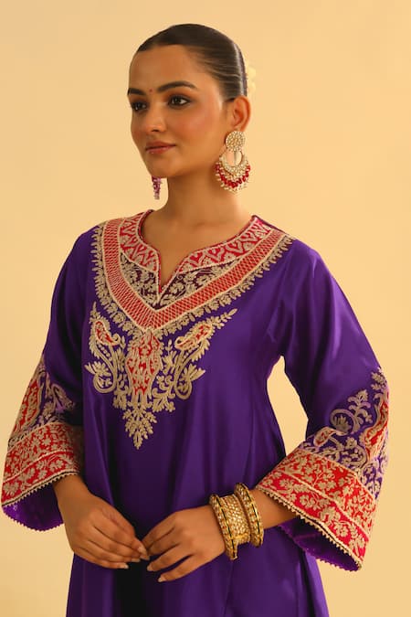 Sheetal Batra_Purple Silk, Chanderi, Bamboo, Mehrish Kashmiri Tilla Kalidar Kurta And Pant Set _at_Aza_Fashions