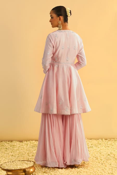 Shop_Sheetal Batra_Pink , Georgette, Organza Gota Shahana Yoke Peplum Kurta Gharara Set _at_Aza_Fashions