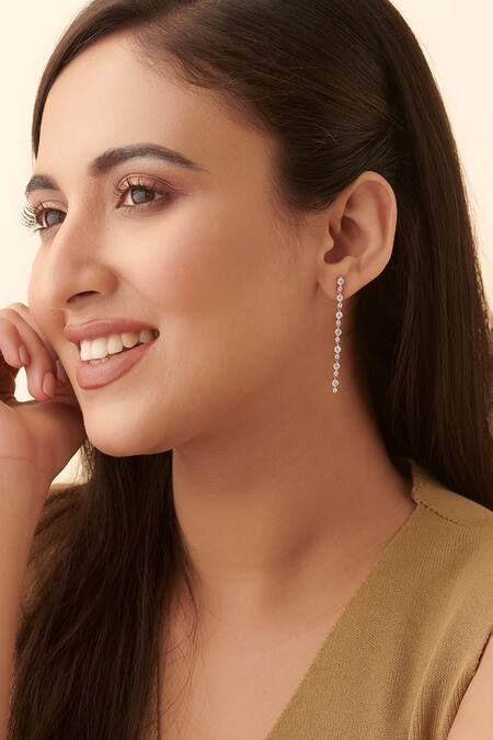 Shop Fiona Diamonds White Imitation Diamonds 14kt Gold Lab Chandelier Earrings at Aza Fashions Shop_Fiona Diamonds_White Imitation Diamonds 14kt Gold Lab Chandelier Earrings_at_Aza_Fashions