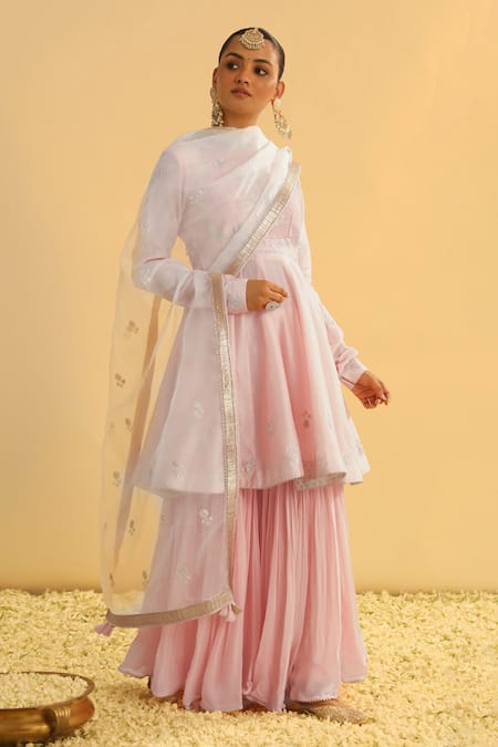 Buy_Sheetal Batra_Pink , Georgette, Organza Gota Shahana Yoke Peplum Kurta Gharara Set _Online_at_Aza_Fashions