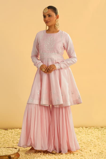 Sheetal Batra_Pink , Georgette, Organza Gota Shahana Yoke Peplum Kurta Gharara Set _at_Aza_Fashions