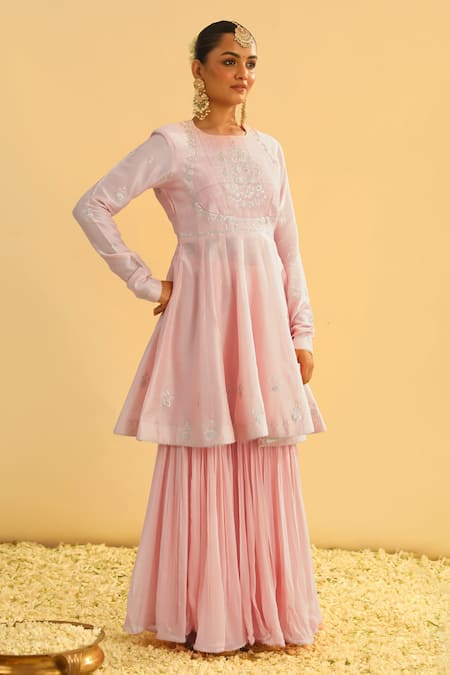 Shop_Sheetal Batra_Pink , Georgette, Organza Gota Shahana Yoke Peplum Kurta Gharara Set 