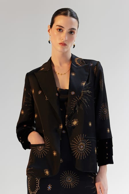 NOIB Black Dull Satin Printed Starstruck Notched Collar Dua Blazer 