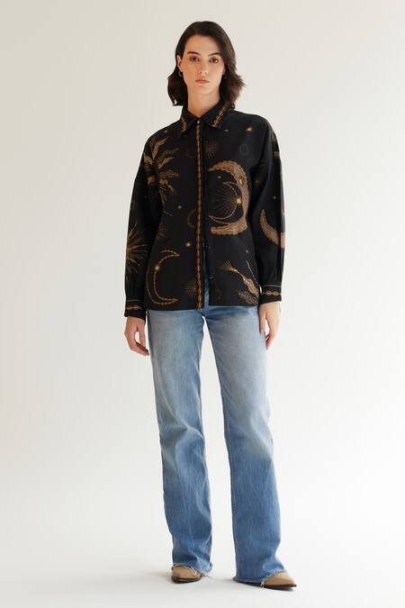 Shop NOIB Black Cotton, Twill Embroidery Collared Xena Garden Of Eden Print Overshirt Online at Aza Fashions Shop_NOIB_Black Cotton, Twill Embroidery Collared Xena Garden Of Eden Print Overshirt _Online_at_Aza_Fashions