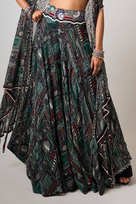 Nupur Kanoi_Black Crepe, Georgette Beads, Sequins Round Abstract Print Lehenga Set With Cape _Online_at_Aza_Fashions