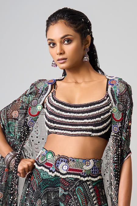 Buy_Nupur Kanoi_Black Crepe, Georgette Beads, Sequins Round Abstract Print Lehenga Set With Cape _Online_at_Aza_Fashions