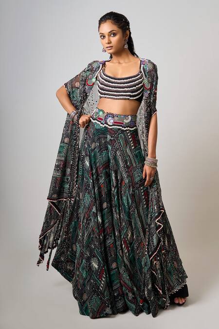 Shop_Nupur Kanoi_Black Crepe, Georgette Beads, Sequins Round Abstract Print Lehenga Set With Cape _Online_at_Aza_Fashions