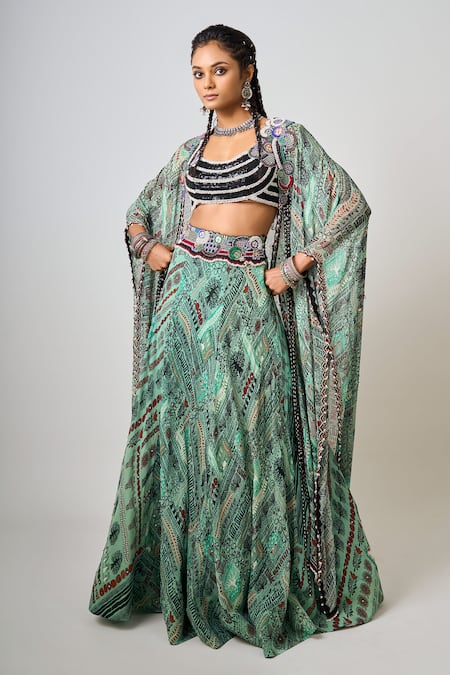 Nupur Kanoi Green Crepe Hand Embroidered Abstract Print Lehenga Set With Kaftan Jacket 