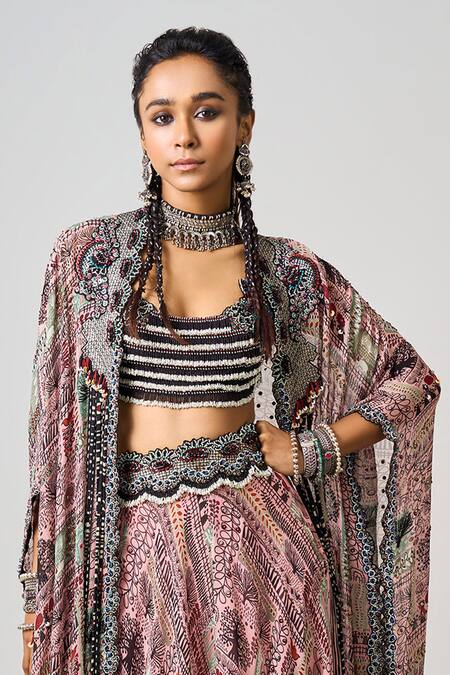 Buy_Nupur Kanoi_Pink Crepe, Georgette Hand Embroidered Waist Lehenga Set With Kaftan Jacket _Online_at_Aza_Fashions