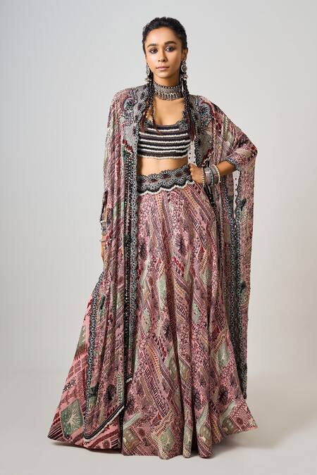 Shop_Nupur Kanoi_Pink Crepe, Georgette Hand Embroidered Waist Lehenga Set With Kaftan Jacket _Online_at_Aza_Fashions