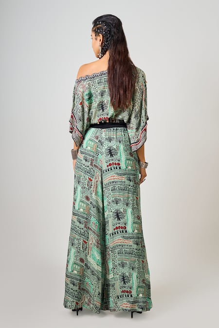 Shop_Nupur Kanoi_Green Crepe Hand Embroidered Sequin Off Shoulder Top And Pant Set _at_Aza_Fashions