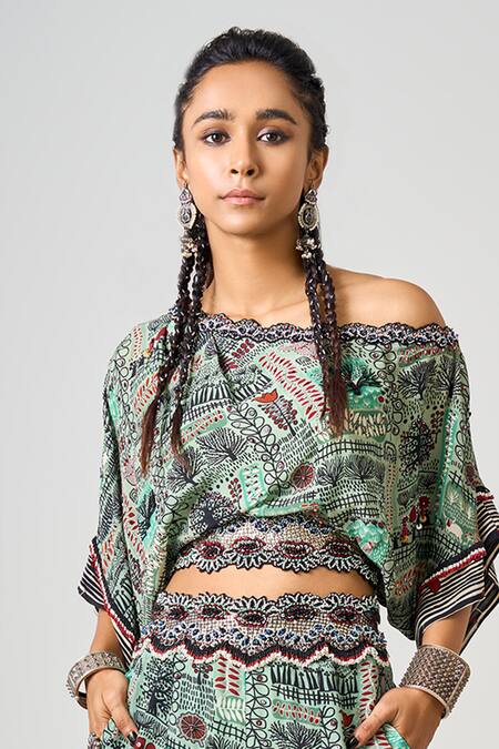 Nupur Kanoi_Green Crepe Hand Embroidered Sequin Off Shoulder Top And Pant Set _Online_at_Aza_Fashions