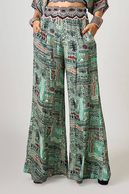 Buy_Nupur Kanoi_Green Crepe Hand Embroidered Sequin Off Shoulder Top And Pant Set _Online_at_Aza_Fashions