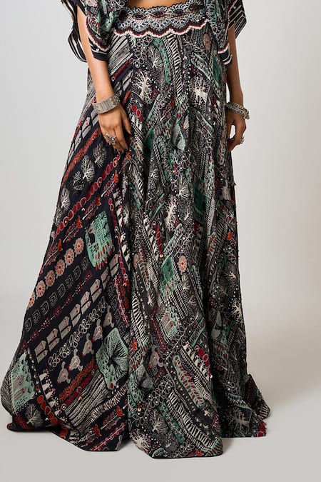 Nupur Kanoi_Black Crepe Sequins, Embroidery, Beads Printed Kaftan Sleeve Top And Lehenga Set _Online_at_Aza_Fashions