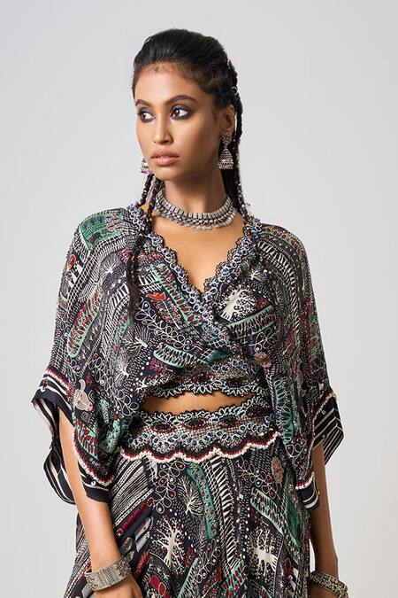 Buy_Nupur Kanoi_Black Crepe Sequins, Embroidery, Beads Printed Kaftan Sleeve Top And Lehenga Set _Online_at_Aza_Fashions