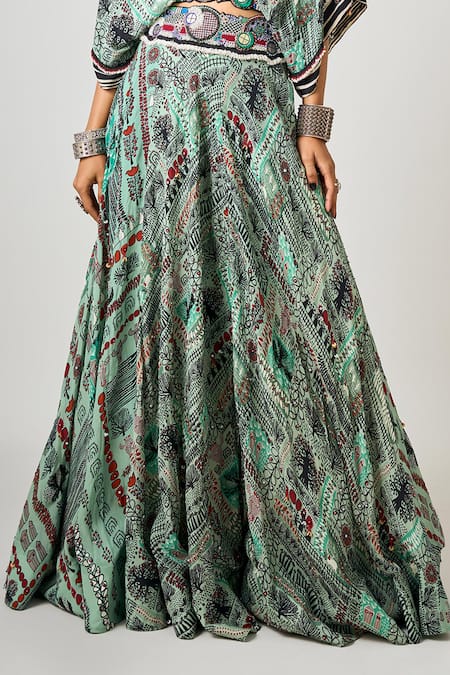 Nupur Kanoi_Green Crepe Sequins, Beads V-neck Printed Kaftan Sleeve Top With Lehenga _Online_at_Aza_Fashions
