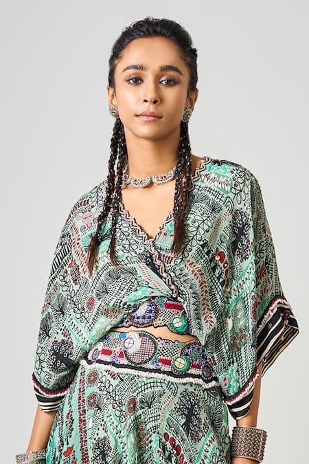 Buy_Nupur Kanoi_Green Crepe Sequins, Beads V-neck Printed Kaftan Sleeve Top With Lehenga _Online_at_Aza_Fashions