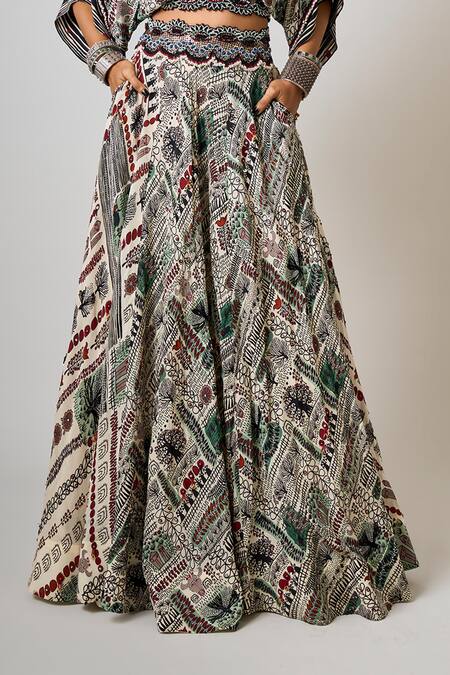 Buy_Nupur Kanoi_Off White Crepe Sequins, Beads V-neck Kaftan Sleeve Top And Lehenga Set _Online_at_Aza_Fashions