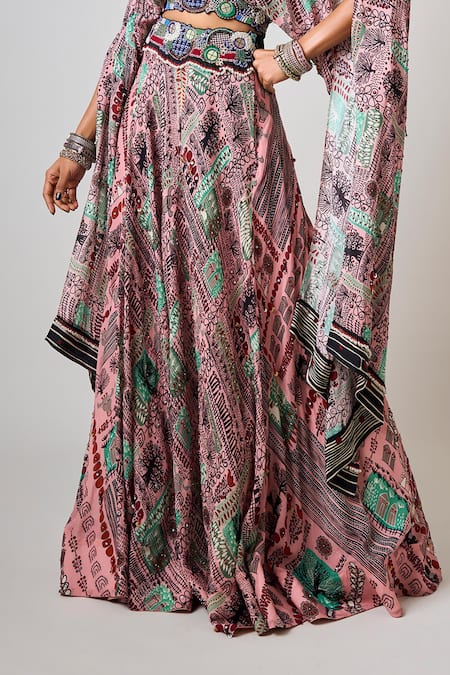 Nupur Kanoi_Pink Crepe Sequins, Beads V-neck Embroidered Hem Top With Lehenga _Online_at_Aza_Fashions