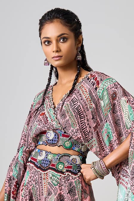 Buy_Nupur Kanoi_Pink Crepe Sequins, Beads V-neck Embroidered Hem Top With Lehenga _Online_at_Aza_Fashions