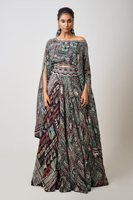 Nupur Kanoi Embroidered Hem Off-Shoulder Top With Lehenga 