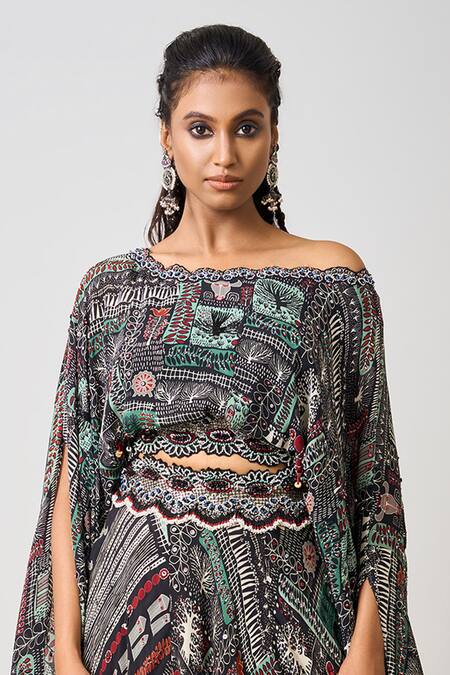 Nupur Kanoi_Black Crepe Embroidery, Beads, Sequins Off-shoulder Hem Top With Lehenga _Online_at_Aza_Fashions