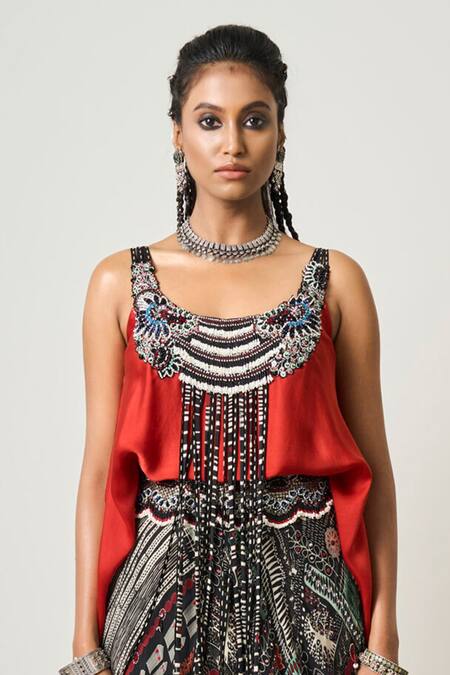 Nupur Kanoi_Orange Crepe, Satin Sequins, Beads, Tassels Hand Embroidered Top And Lehenga Set _Online_at_Aza_Fashions