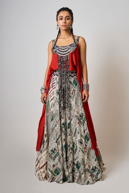 Nupur Kanoi Hand Embroidered Neck Singlet Top & Lehenga Set 