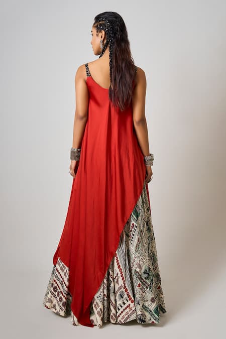 Shop_Nupur Kanoi_Orange Crepe, Satin Sequins, Beads, Hand Embroidered Singlet Top And Lehenga Set _at_Aza_Fashions