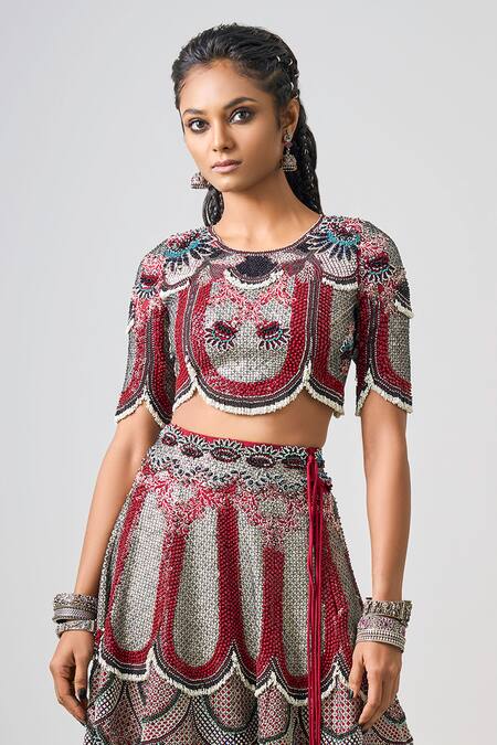 Nupur Kanoi Red Crepe Sequins, Beads Round Neck Tribal Gul Embroidered Lehenga Set Online at Aza Fashions Nupur Kanoi_Red Crepe Sequins, Beads Round Neck Tribal Gul Embroidered Lehenga Set _Online_at_Aza_Fashions