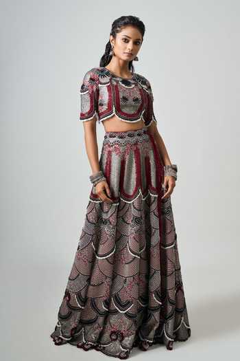 Buy_Nupur Kanoi_Red Crepe Sequins, Beads Round Neck Tribal Gul Embroidered Lehenga Set _Online_at_Aza_Fashions