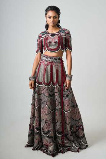 Shop_Nupur Kanoi_Red Crepe Sequins, Beads Round Neck Tribal Gul Embroidered Lehenga Set _Online_at_Aza_Fashions